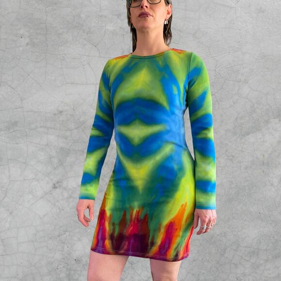 Ice Dyed Bodycon Dress - Long-sleeve Night Out - Hippie Boho Women's XLarge - Picture 7 of 11